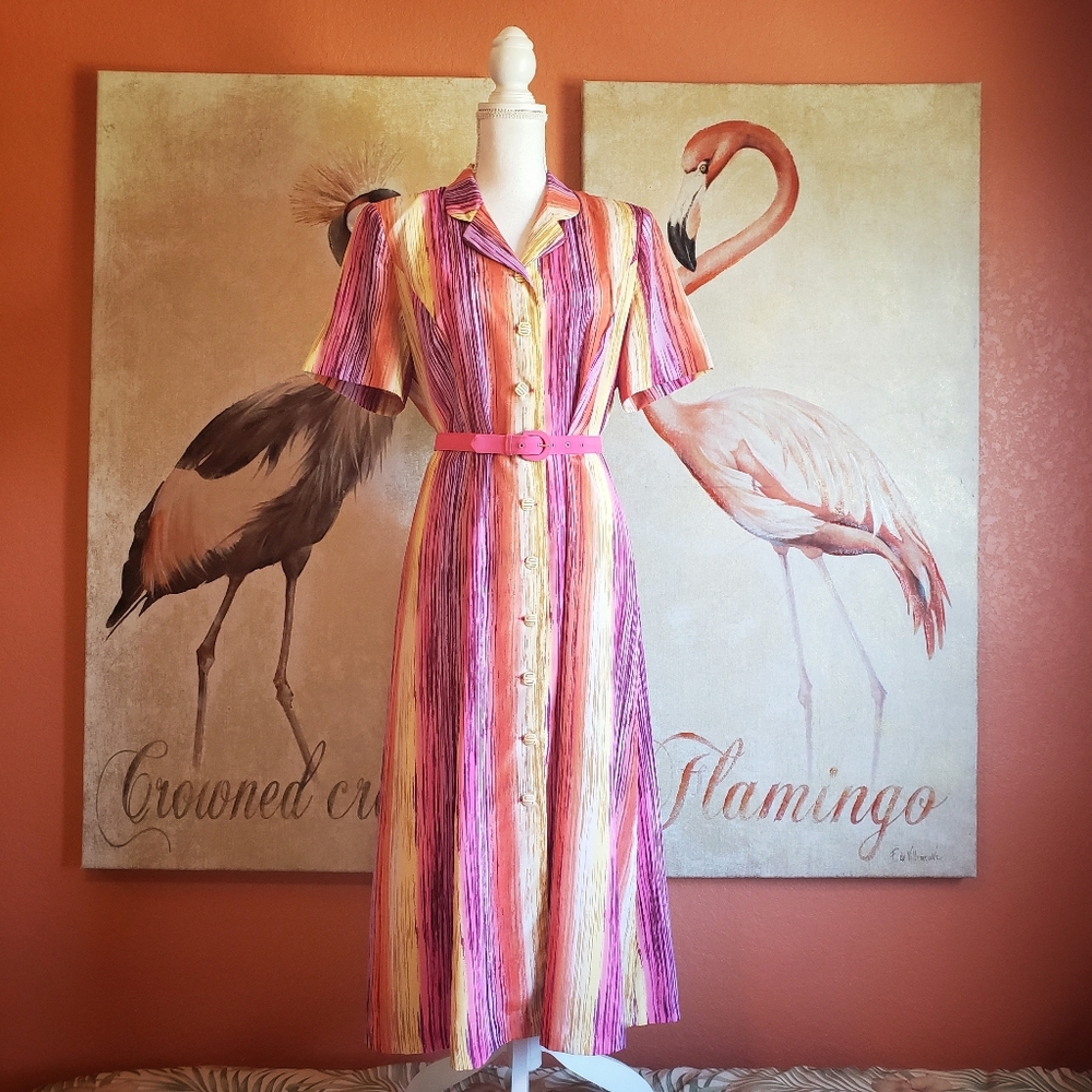 Leslie Fay Vintage Midi Dress Button Pink Yellow 12 Petite